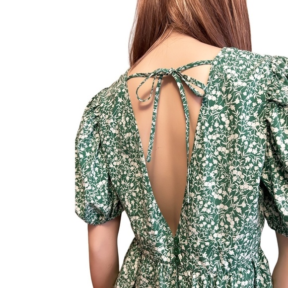TOPSHOP Blouse Bitsy Green Floral Peplum Shirt Top Cutout Tie Back Plunge Neck - Picture 7 of 14